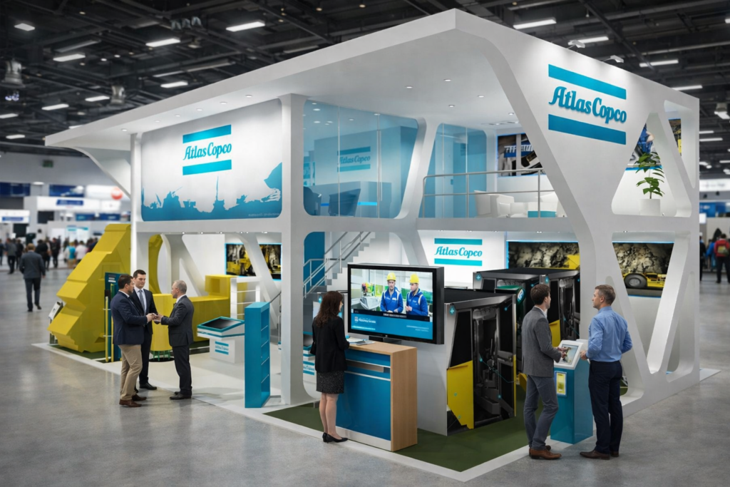 Diseño de stand para ferias comerciales de Atlas Copco con estructura personalizada y exhibición de productos