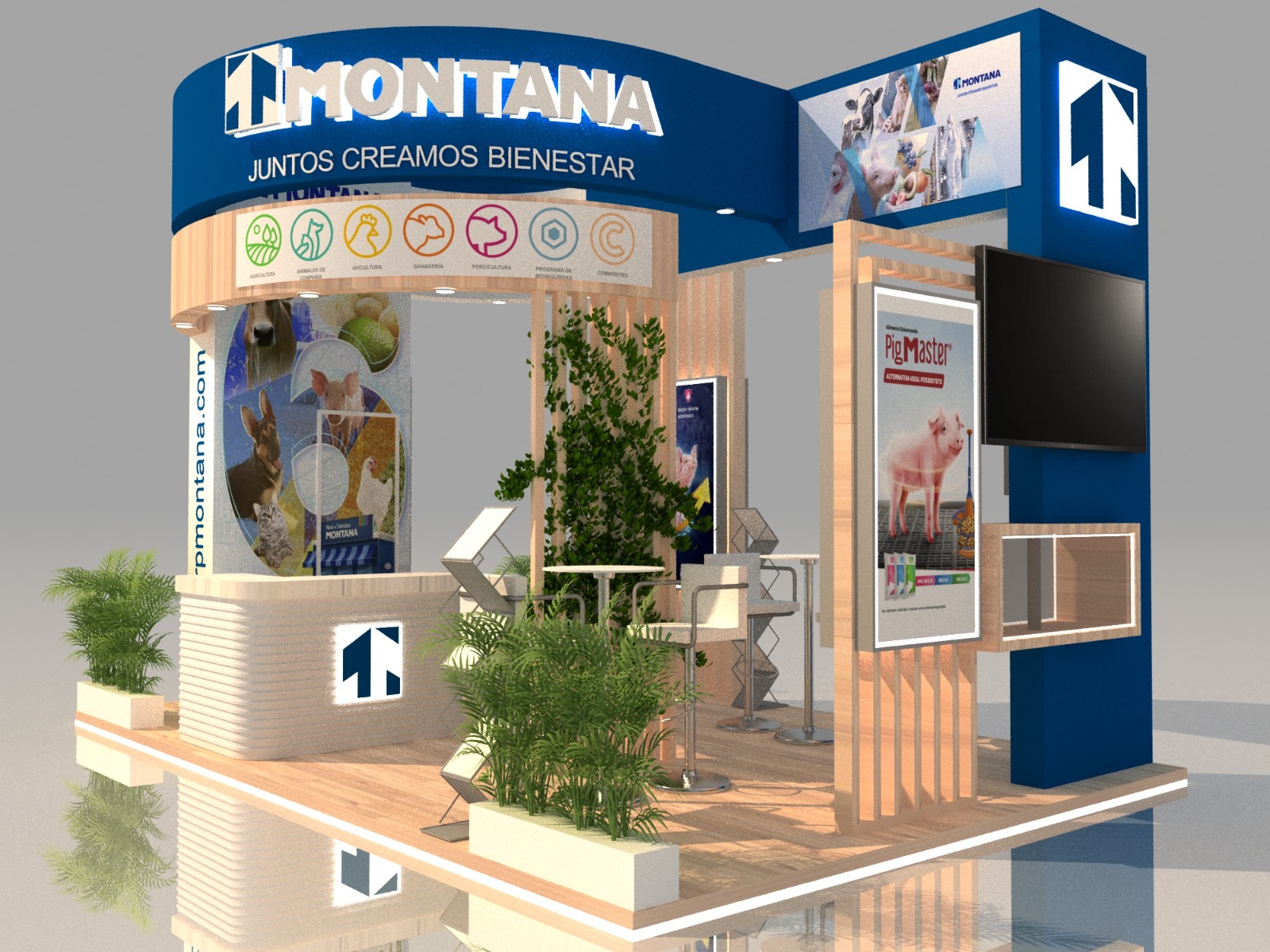 Diseño de stand para feria comercial con iluminación y exhibición de productos.