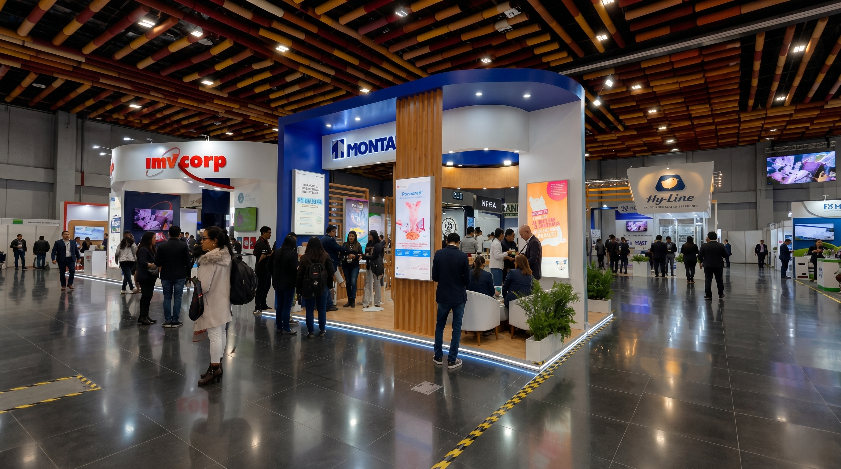Stand de feria comercial diseñado para destacar una marca y atraer visitantes.